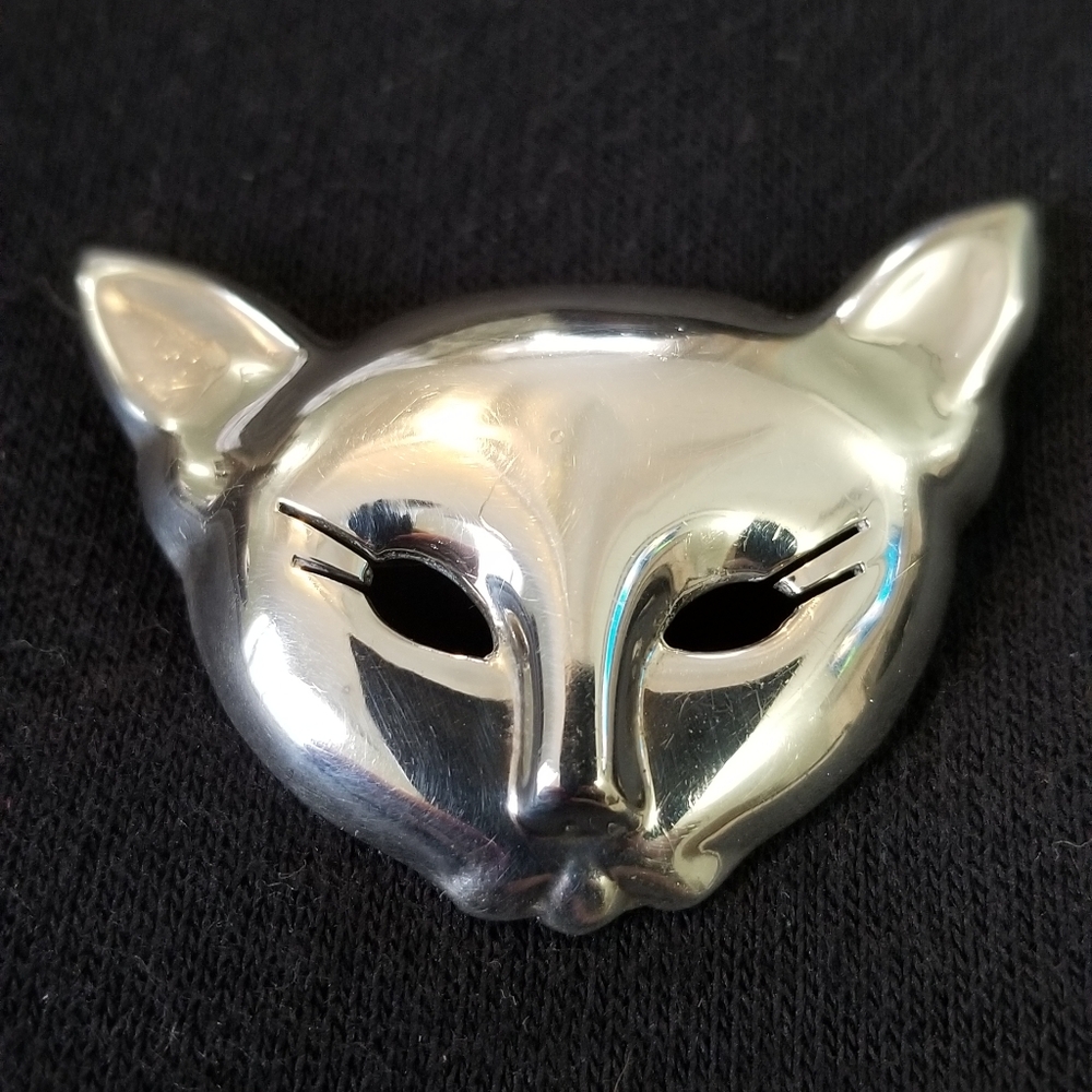 .4 OZ .925 Vintage Sterling Silver Siamese Cat Mask Pin Brooch